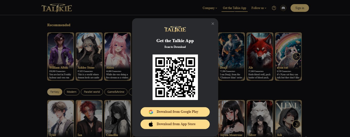 Visit the Talkie Soulful AI website and download the official app using the QR code.